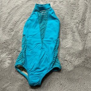 Dance leotard with mesh cutout designs in blue from LA Dance Designs